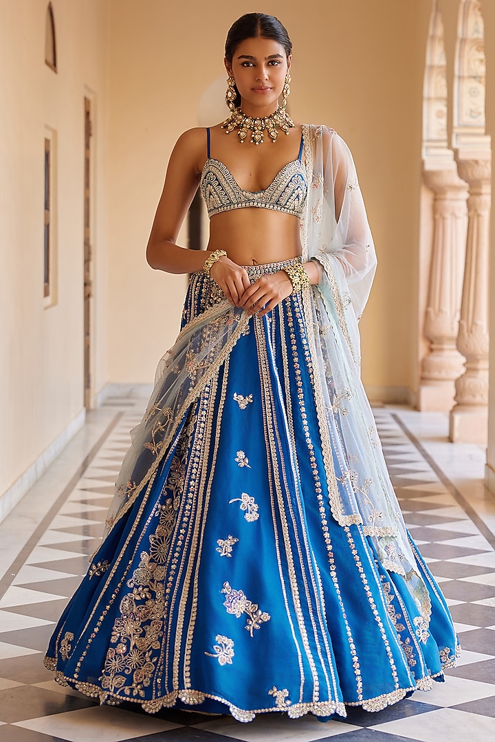 Jade Blue Organza Aari Work Handcrafted Bridal Lehenga Set by OSAA By Adarsh at Pernia's Pop Up Shop