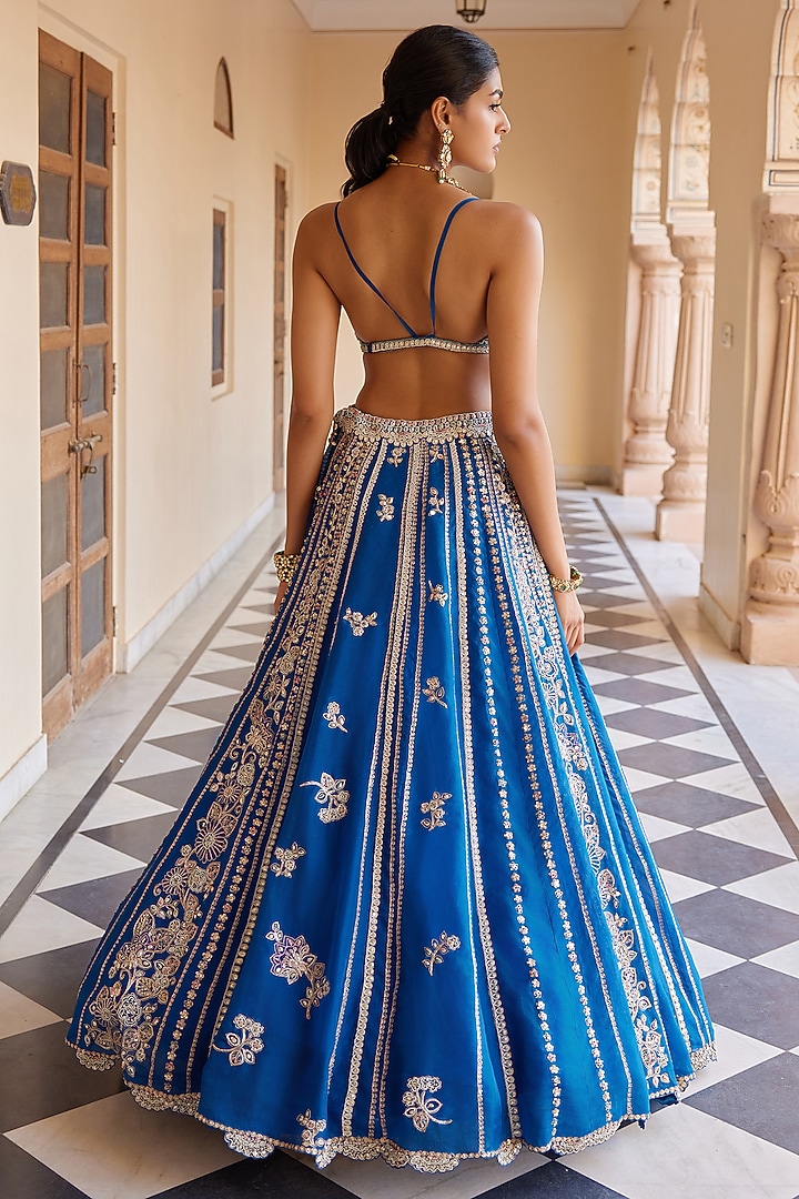 Jade Blue Organza Aari Work Handcrafted Bridal Lehenga Set by OSAA By Adarsh at Pernia's Pop Up Shop