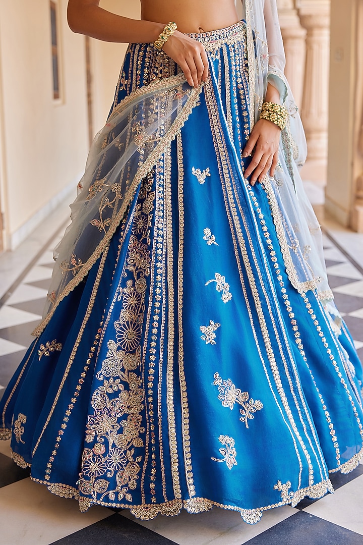 Jade Blue Organza Aari Work Handcrafted Bridal Lehenga Set by OSAA By Adarsh at Pernia's Pop Up Shop