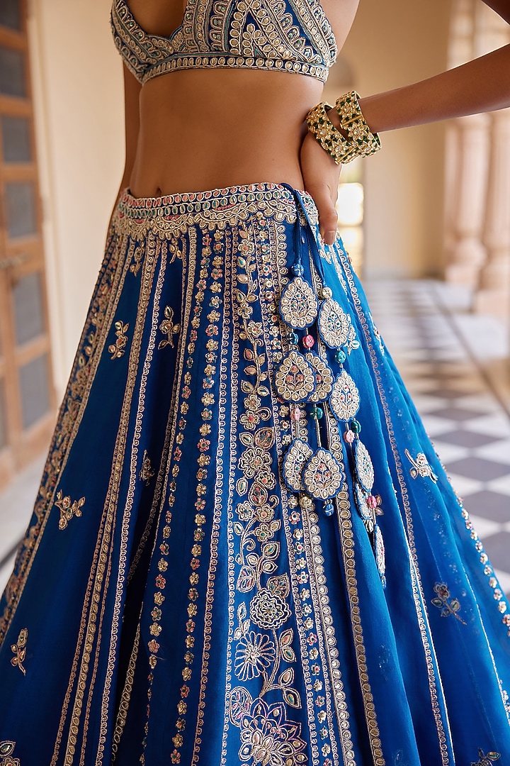 Jade Blue Organza Aari Work Handcrafted Bridal Lehenga Set by OSAA By Adarsh at Pernia's Pop Up Shop