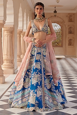 Blueberry Organza Aari Work Handcrafted Lehenga Set by OSAA By Adarsh