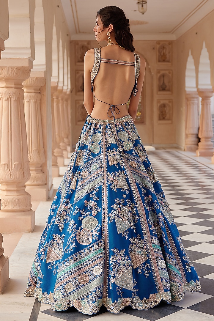 Blueberry Organza Aari Work Handcrafted Bridal Lehenga Set by OSAA By Adarsh at Pernia's Pop Up Shop