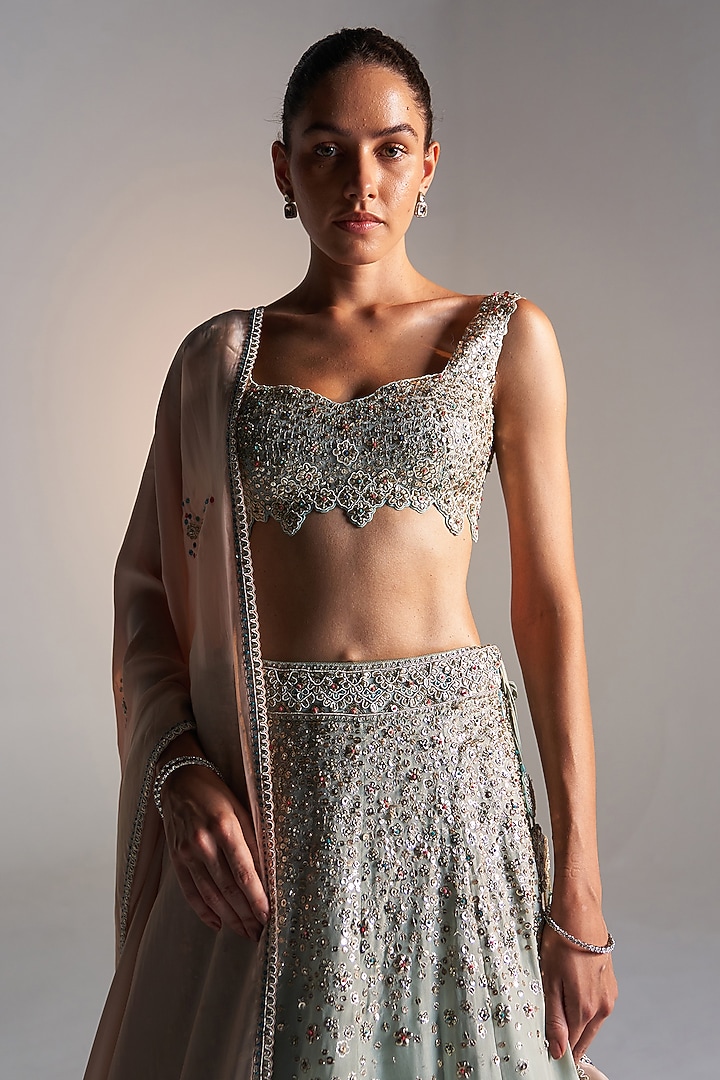 Smoke Blue Organza Dori Embroidered Bridal Lehenga Set by OSAA By Adarsh at Pernia's Pop Up Shop