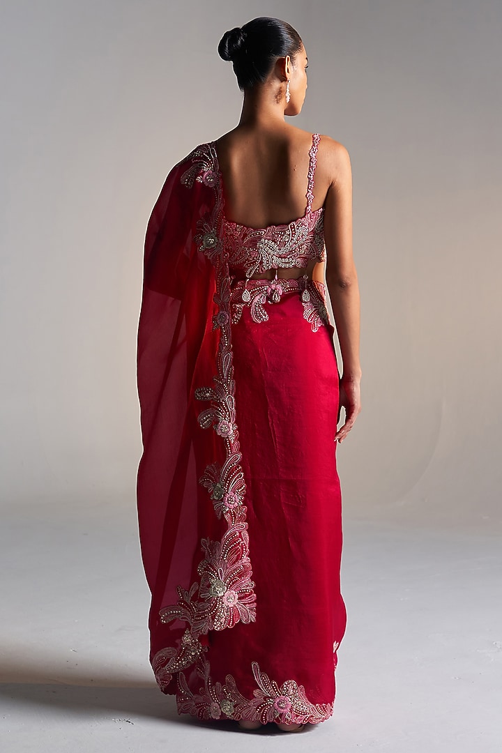 Cut Ruby Organza Dori Embroidered Wedding Saree Set by OSAA By Adarsh at Pernia's Pop Up Shop