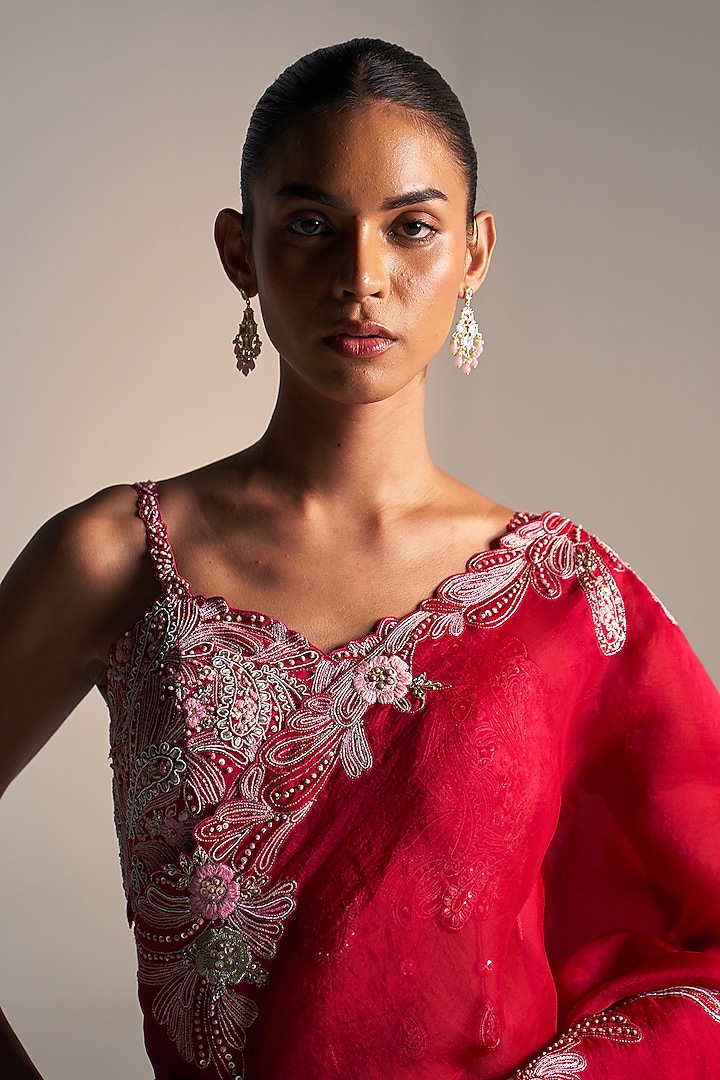 Cut Ruby Organza Dori Embroidered Wedding Saree Set by OSAA By Adarsh at Pernia's Pop Up Shop