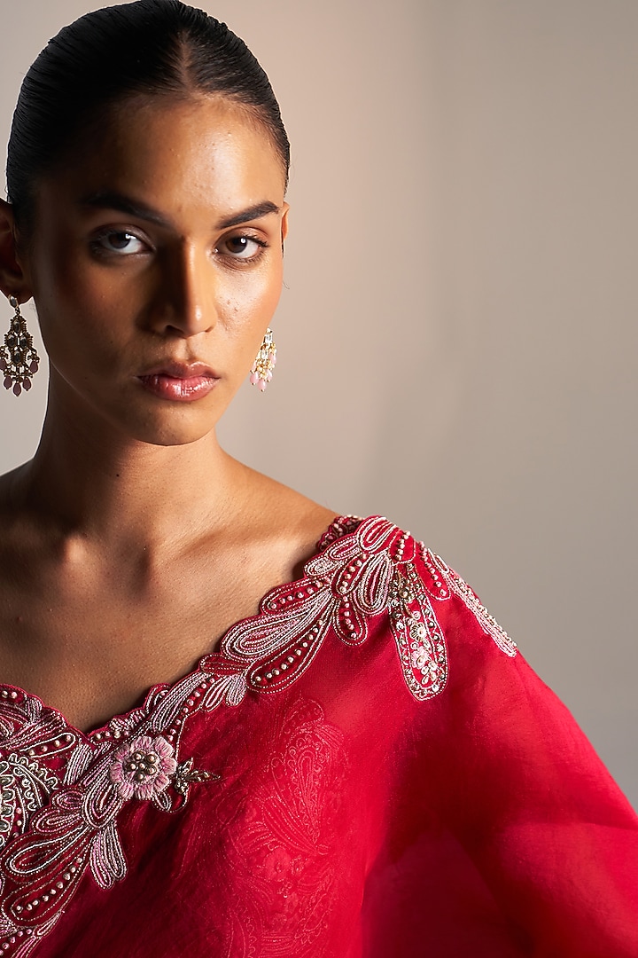 Cut Ruby Organza Dori Embroidered Wedding Saree Set by OSAA By Adarsh at Pernia's Pop Up Shop