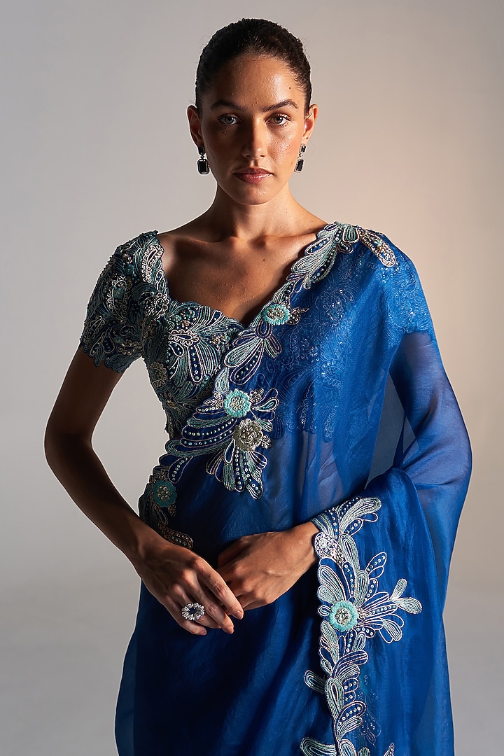 Jade Blue Organza Dori Embroidered Wedding Saree Set by OSAA By Adarsh at Pernia's Pop Up Shop