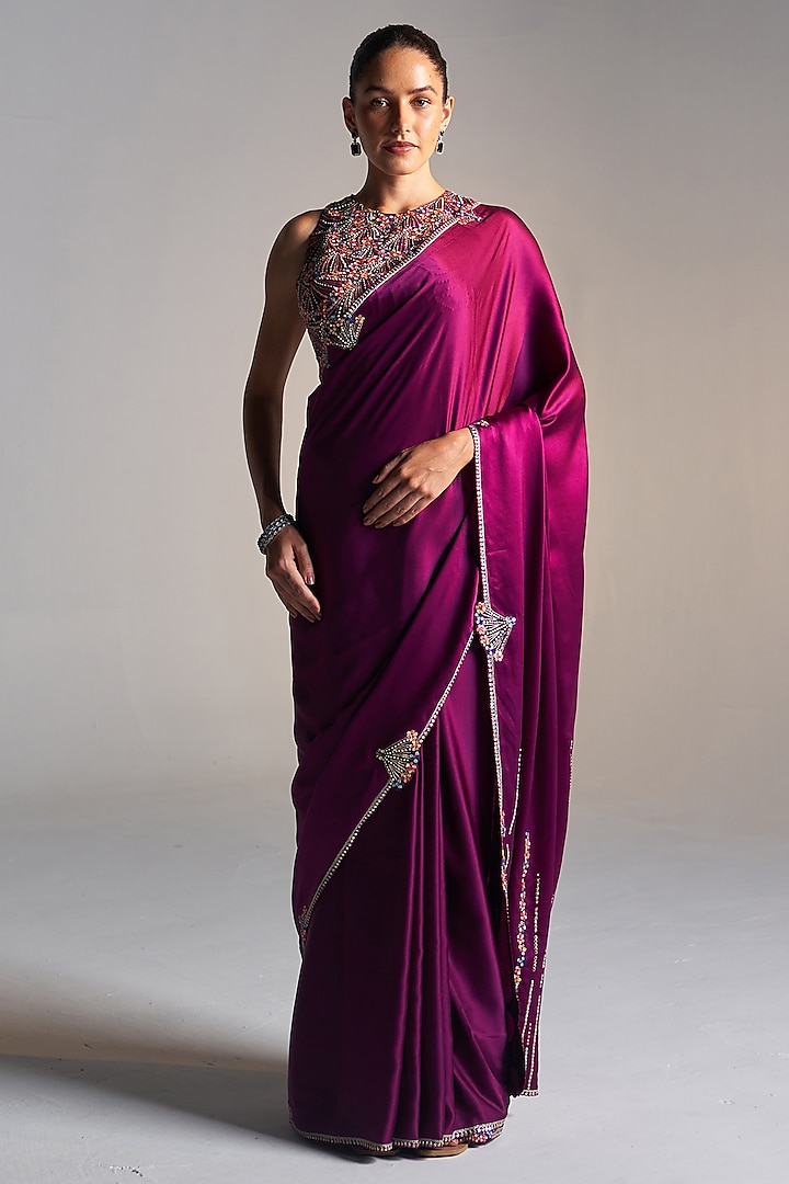 Aubergine Mulberry Silk Dori Embroidered Wedding Saree Set by OSAA By Adarsh at Pernia's Pop Up Shop