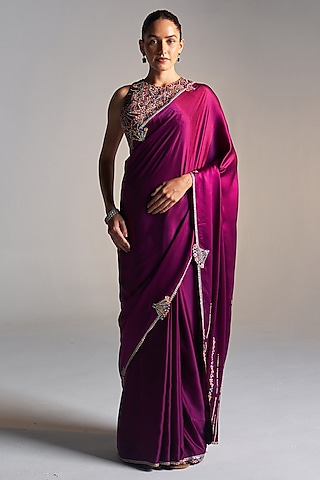 Aubergine Mulberry Silk Dori Embroidered Saree Set by OSAA By Adarsh