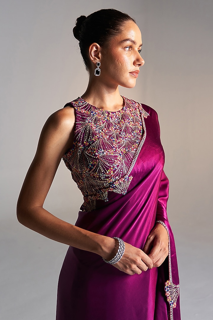 Aubergine Mulberry Silk Dori Embroidered Wedding Saree Set by OSAA By Adarsh at Pernia's Pop Up Shop