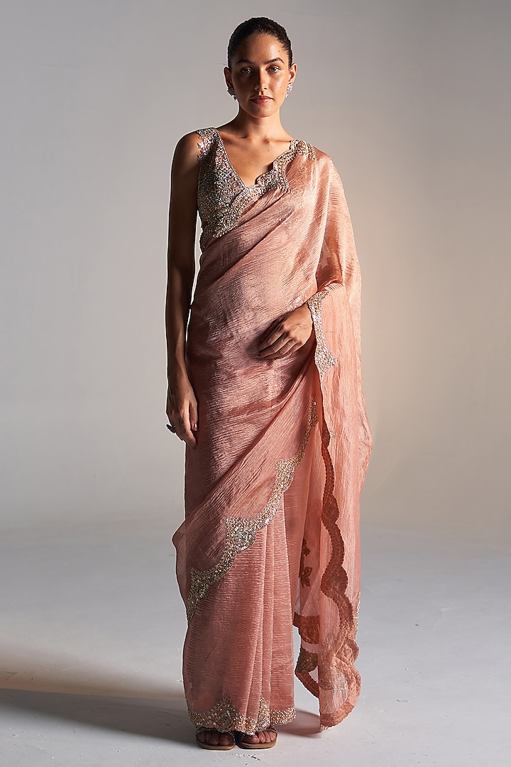 Salmon Peach Tissue Aari Work Saree Set by OSAA By Adarsh at Pernia's Pop Up Shop