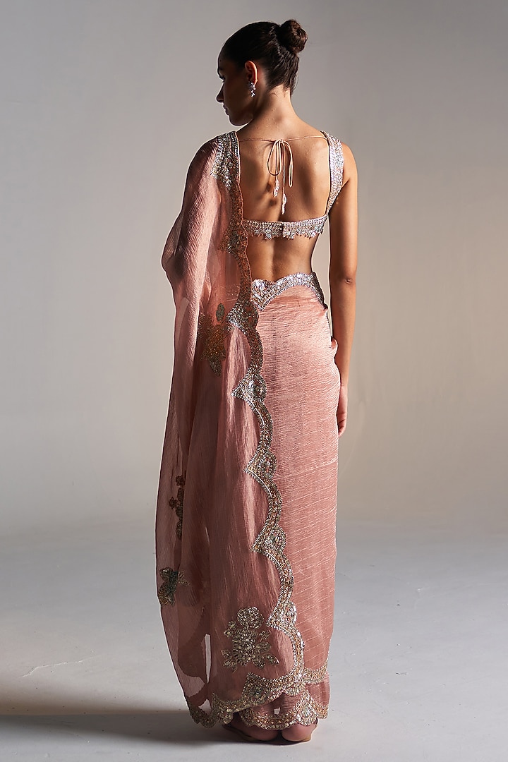 Salmon Peach Tissue Aari Work Wedding Saree Set by OSAA By Adarsh at Pernia's Pop Up Shop