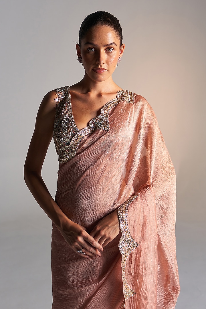 Salmon Peach Tissue Aari Work Wedding Saree Set by OSAA By Adarsh at Pernia's Pop Up Shop