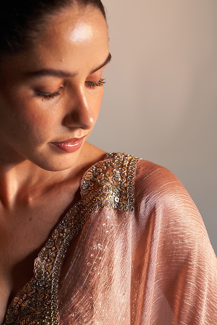 Salmon Peach Tissue Aari Work Wedding Saree Set by OSAA By Adarsh at Pernia's Pop Up Shop