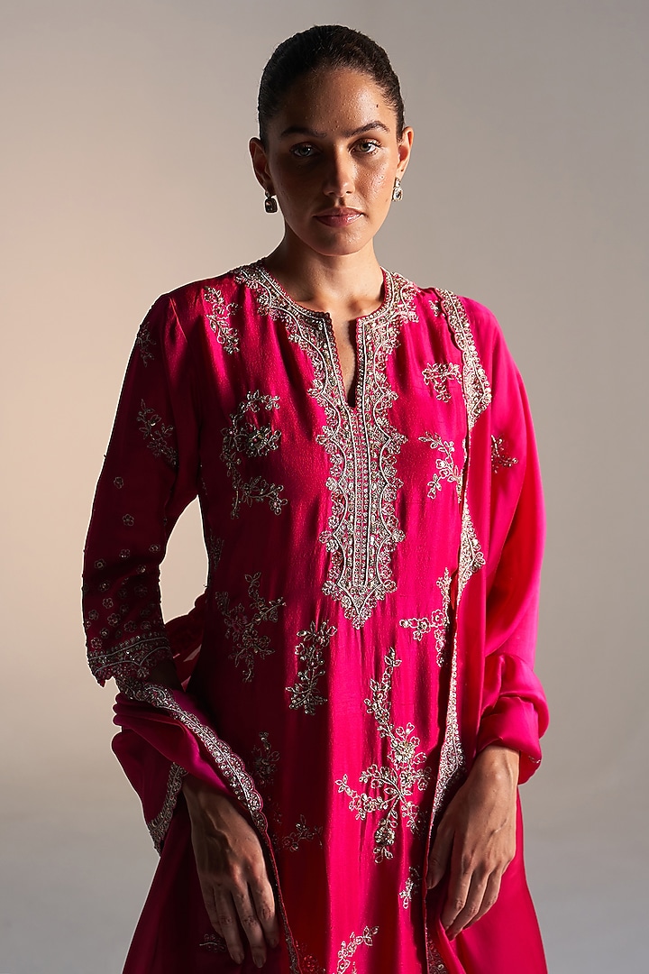 Deep Berry Mulberry Silk Dori Embroidered Kurta Set by OSAA By Adarsh at Pernia's Pop Up Shop