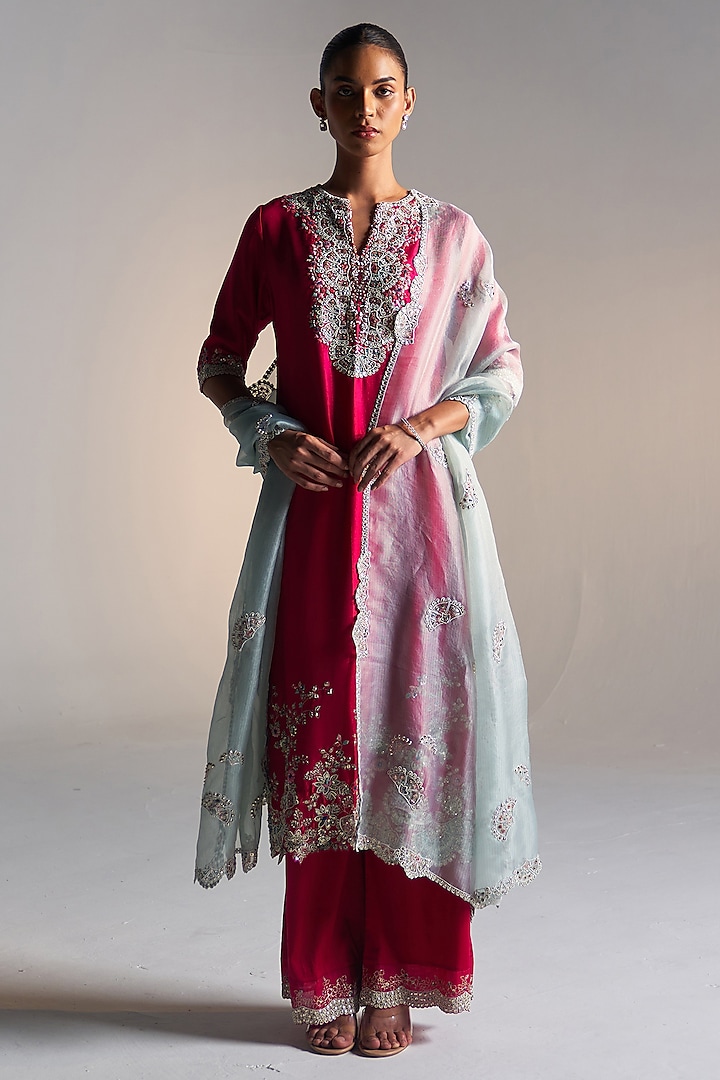 Rose Red Mulberry Silk Dori Embroidered Kurta Set by OSAA By Adarsh at Pernia's Pop Up Shop