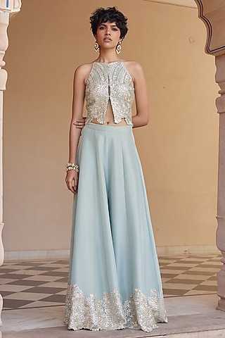 Tea Green Tissue Silk Flared Pant Set by OSAA By Adarsh