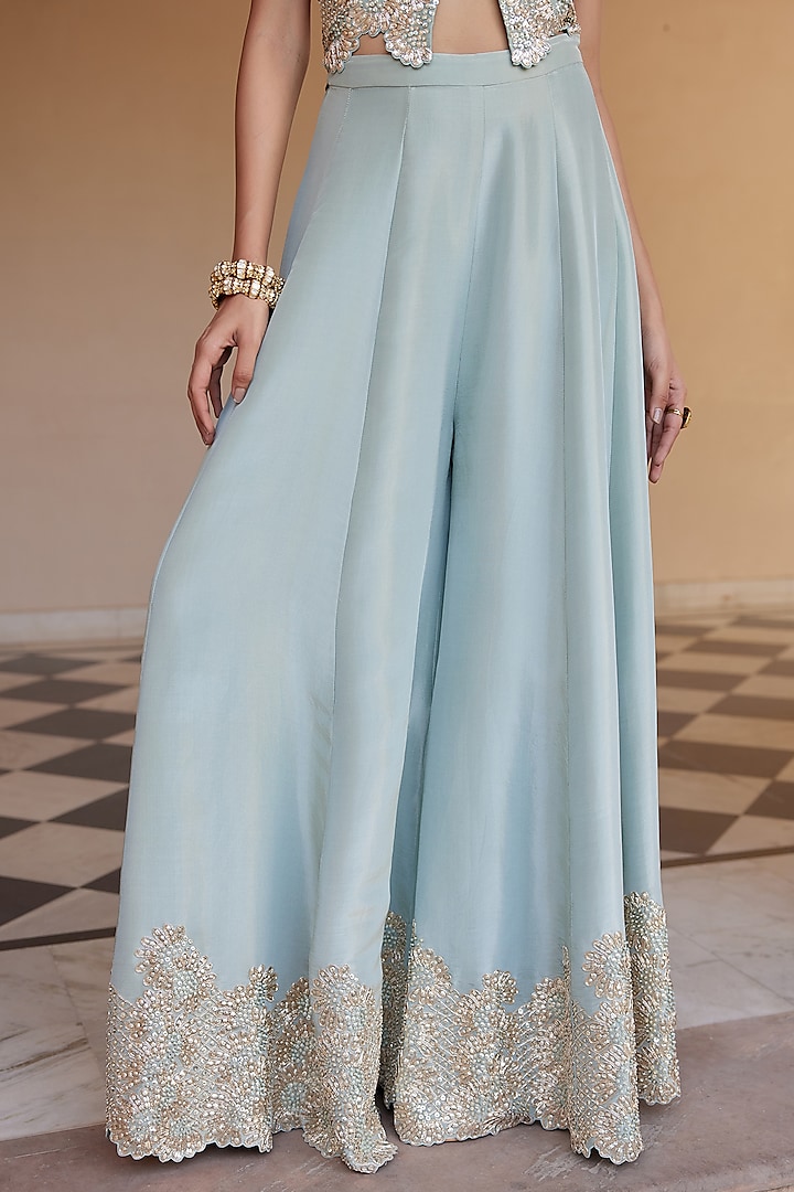 Tea Green Tissue Silk Flared Pant Set by OSAA By Adarsh at Pernia's Pop Up Shop