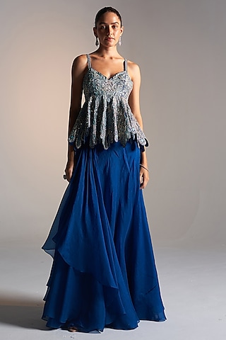 Jade Blue Organza Handcrafted Skirt Set by OSAA By Adarsh