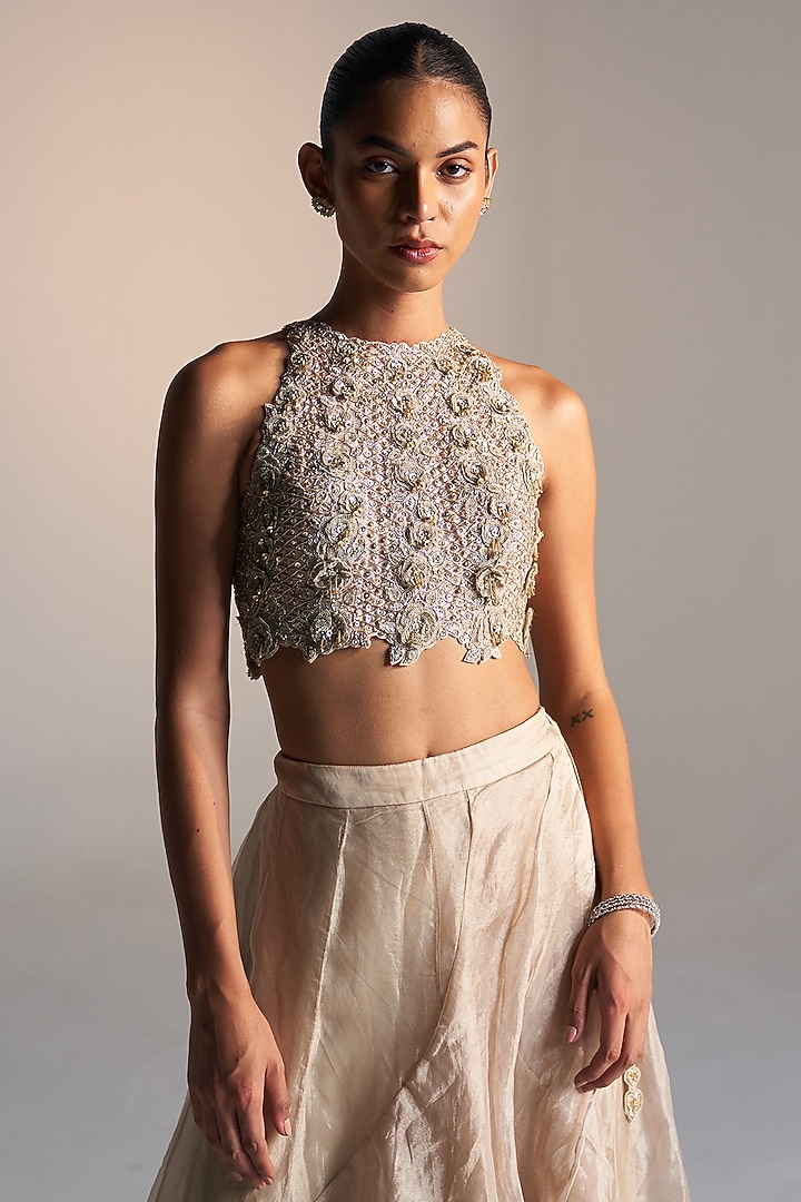 Beige Champagne Tissue Handcrafted Skirt Set by OSAA By Adarsh at Pernia's Pop Up Shop