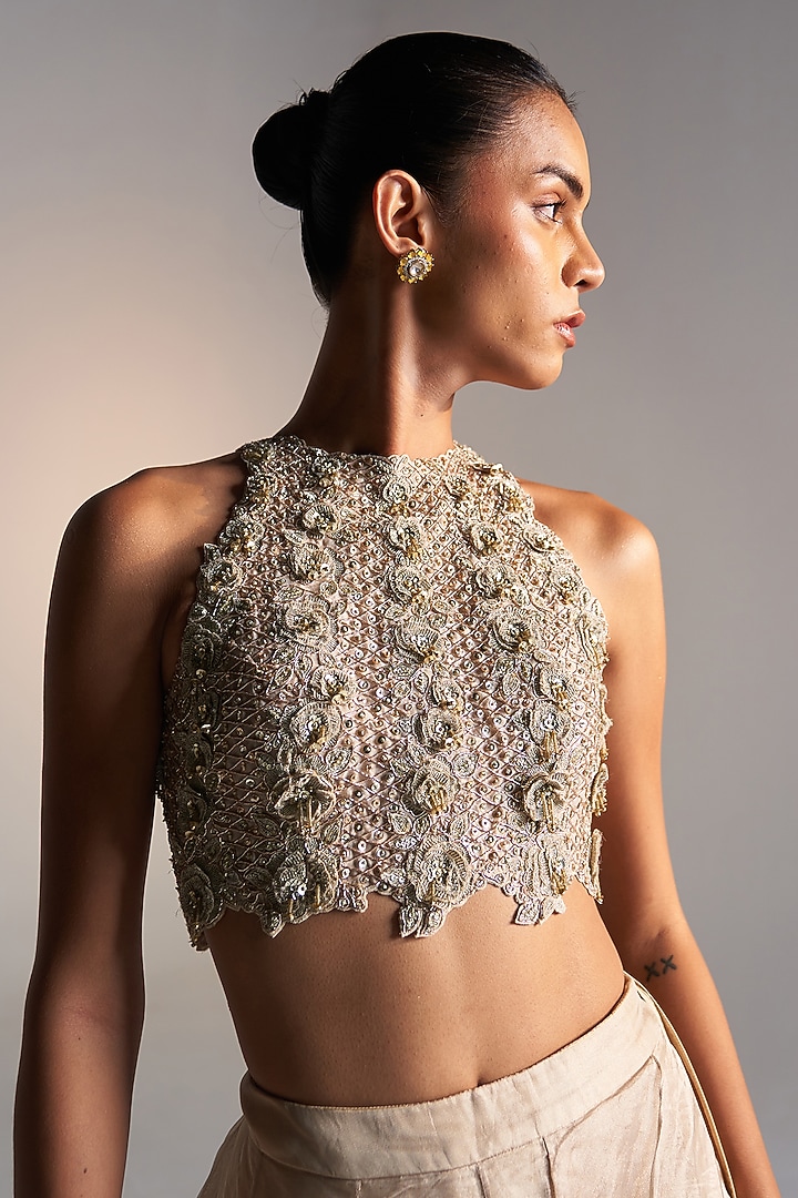 Beige Champagne Tissue Handcrafted Skirt Set by OSAA By Adarsh at Pernia's Pop Up Shop