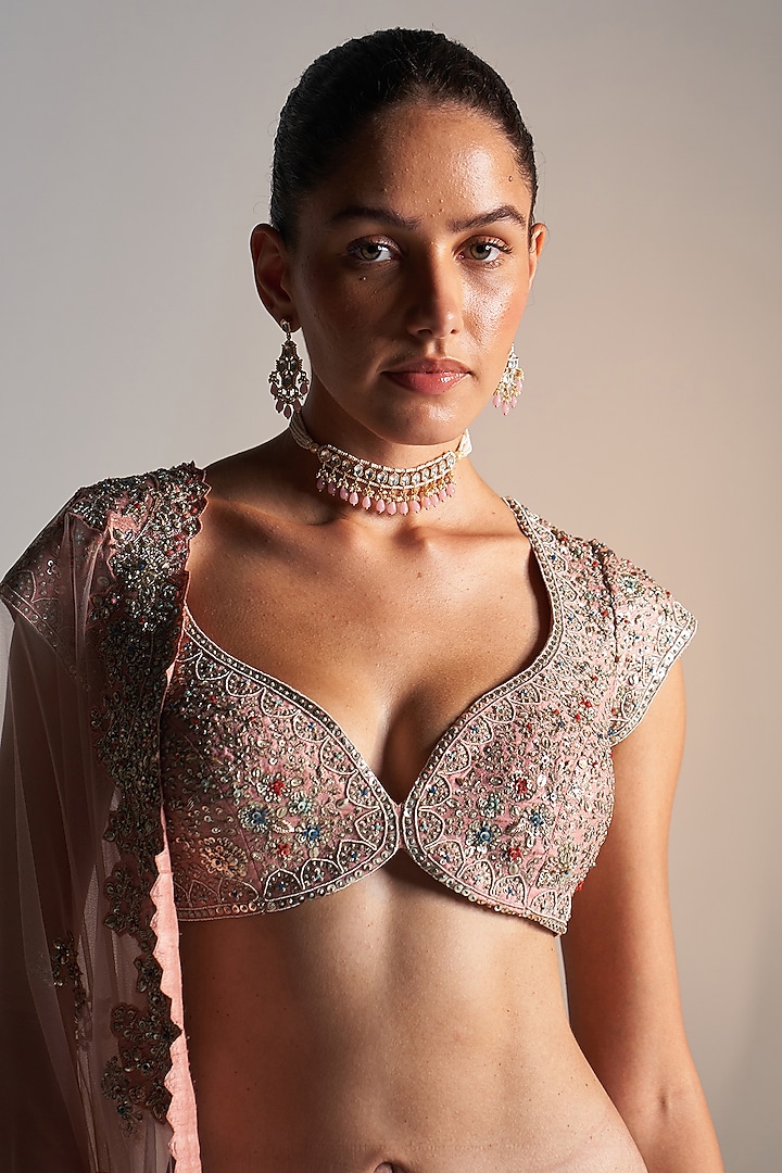 Coral Rose Raw Silk Dori Embroidered Handcrafted Bridal Lehenga Set by OSAA By Adarsh at Pernia's Pop Up Shop