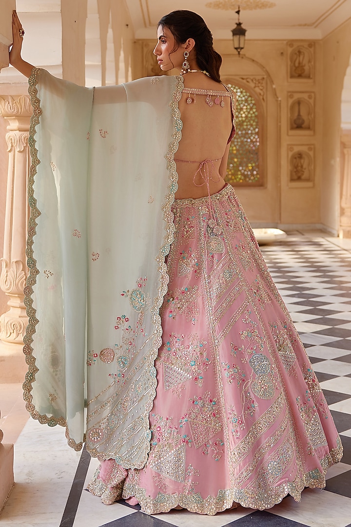 Flamingo Pink Tissue Silk Aari Work Handcrafted Bridal Lehenga Set by OSAA By Adarsh at Pernia's Pop Up Shop