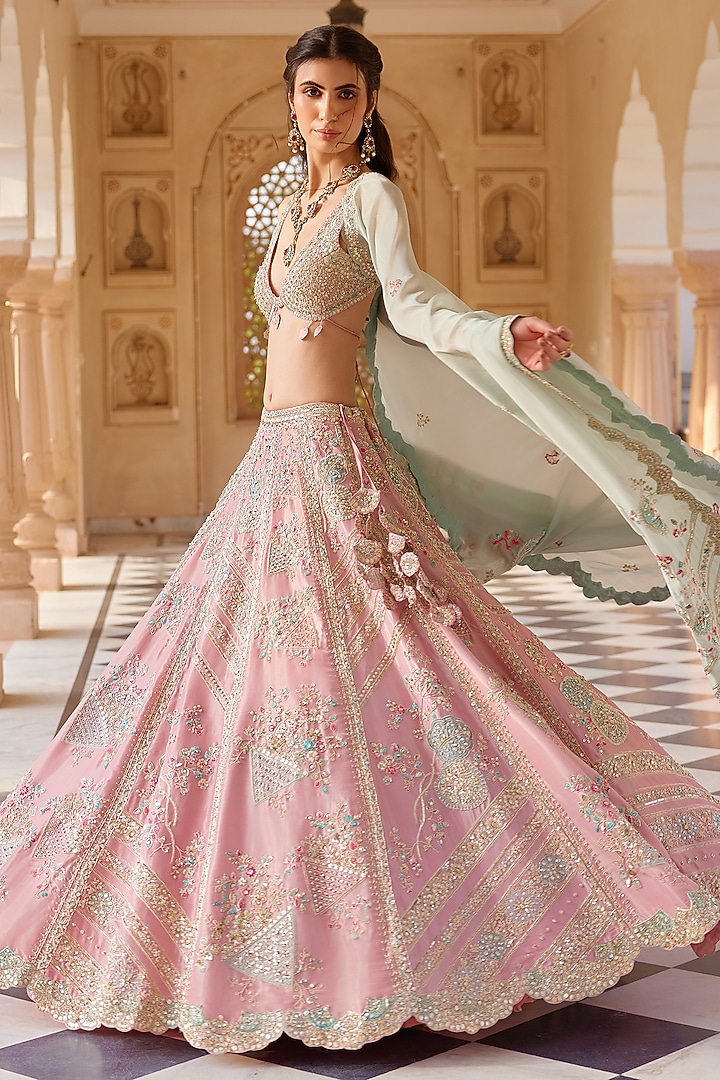 Flamingo Pink Tissue Silk Aari Work Handcrafted Bridal Lehenga Set by OSAA By Adarsh at Pernia's Pop Up Shop