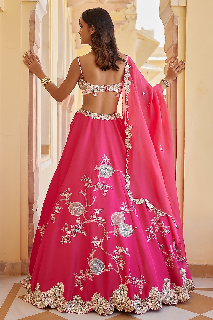 Dark Fuchsia Mulberry Silk Aari Work Handcrafted Bridal Lehenga Set by OSAA By Adarsh at Pernia's Pop Up Shop