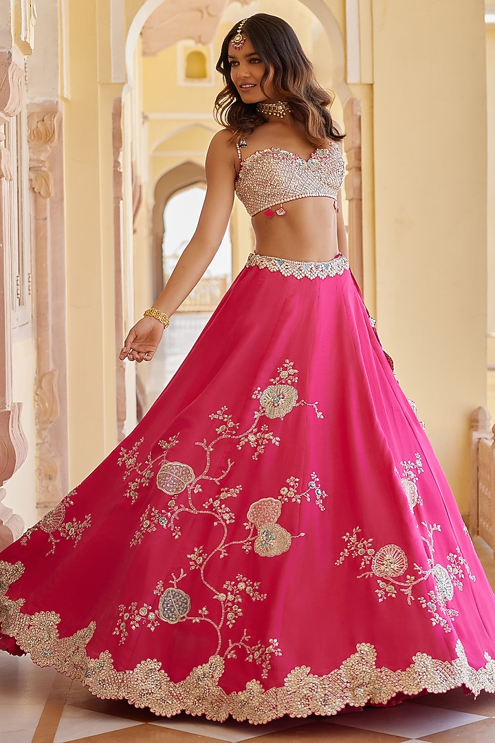 Dark Fuchsia Mulberry Silk Aari Work Handcrafted Bridal Lehenga Set by OSAA By Adarsh at Pernia's Pop Up Shop