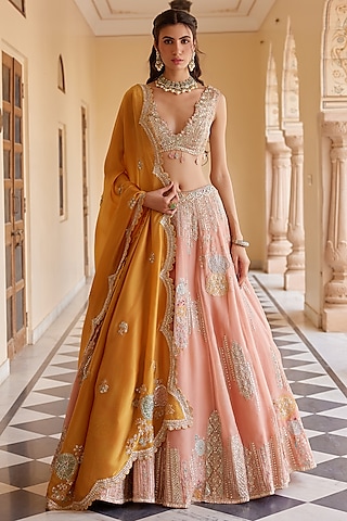 Salmon Peach Organza Aari Work Handcrafted Lehenga Set by OSAA By Adarsh