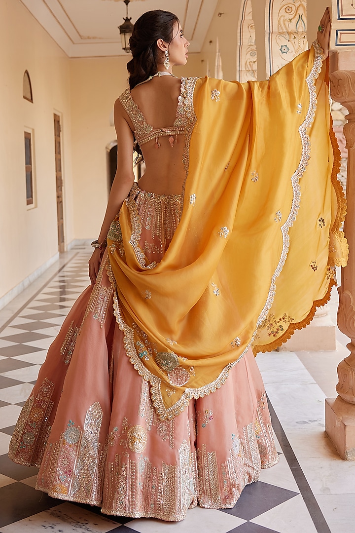 Salmon Peach Organza Aari Work Handcrafted Bridal Lehenga Set by OSAA By Adarsh at Pernia's Pop Up Shop