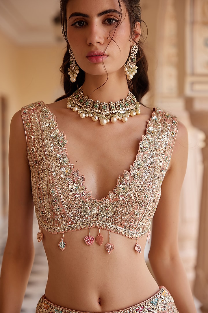 Salmon Peach Organza Aari Work Handcrafted Bridal Lehenga Set by OSAA By Adarsh at Pernia's Pop Up Shop