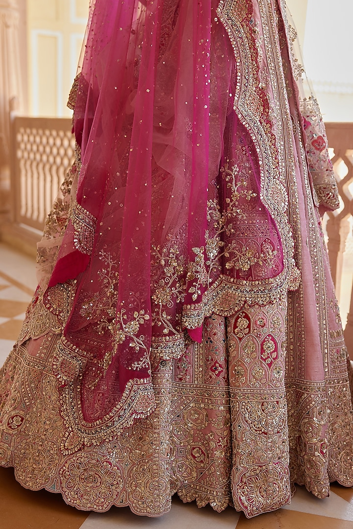 Tea Rose Raw silk Organza Dori Embroidered Handcrafted Bridal Lehenga Set by OSAA By Adarsh at Pernia's Pop Up Shop