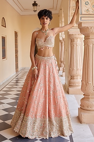 Salmon Peach Organza Dori Embroidered Handcrafted Lehenga Set by OSAA By Adarsh
