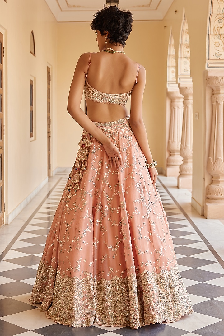 Salmon Peach Organza Dori Embroidered Handcrafted Bridal Lehenga Set by OSAA By Adarsh at Pernia's Pop Up Shop