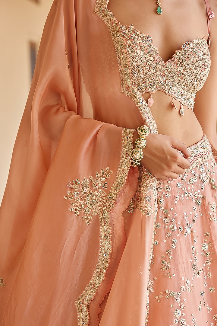 Salmon Peach Organza Dori Embroidered Handcrafted Bridal Lehenga Set by OSAA By Adarsh at Pernia's Pop Up Shop
