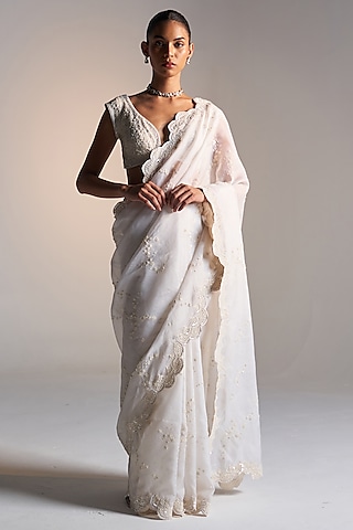 Pigeon White Organza Aari Work Handcrafted Saree Set by OSAA By Adarsh