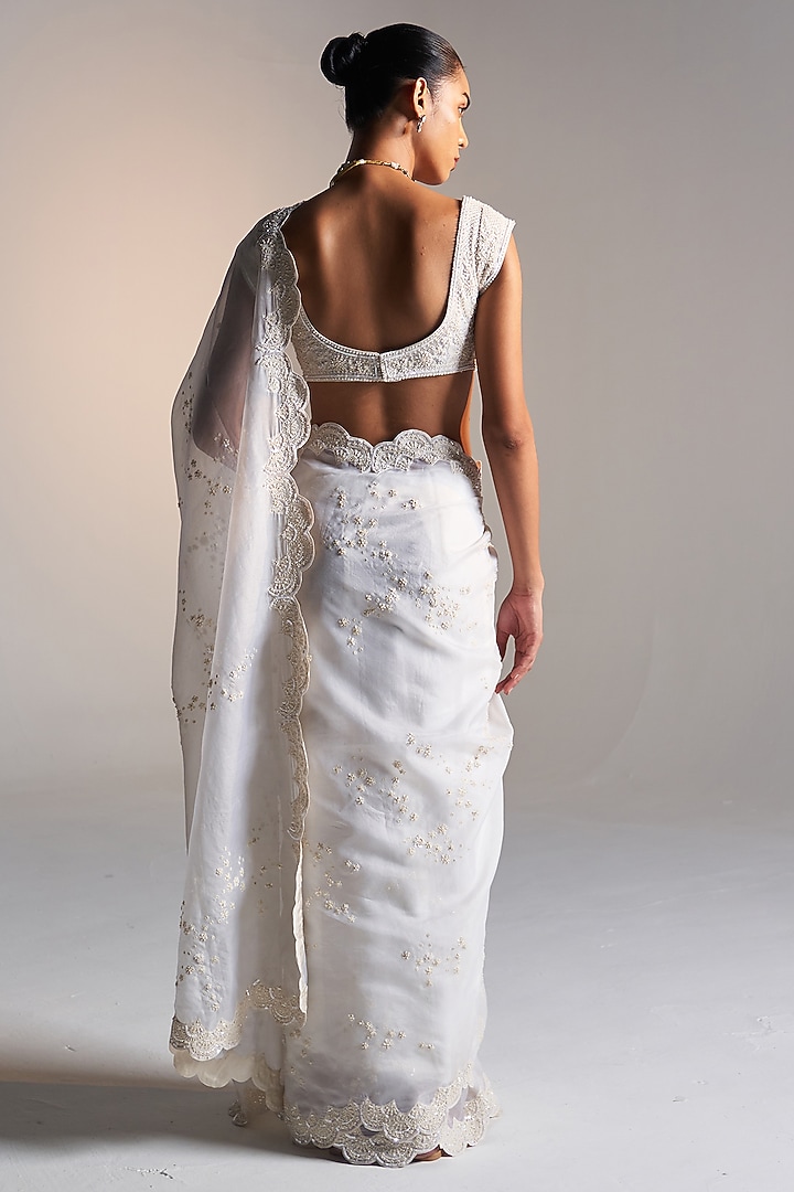 Pigeon White Organza Aari Work Handcrafted Reception Saree Set by OSAA By Adarsh at Pernia's Pop Up Shop