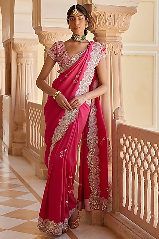 Dark Fuchsia Mulberry Silk Aari Work Handcrafted Saree Set by OSAA By Adarsh