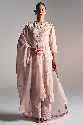 Peach Organza Zardosi Work Handcrafted Kurta Set by OSAA By Adarsh
