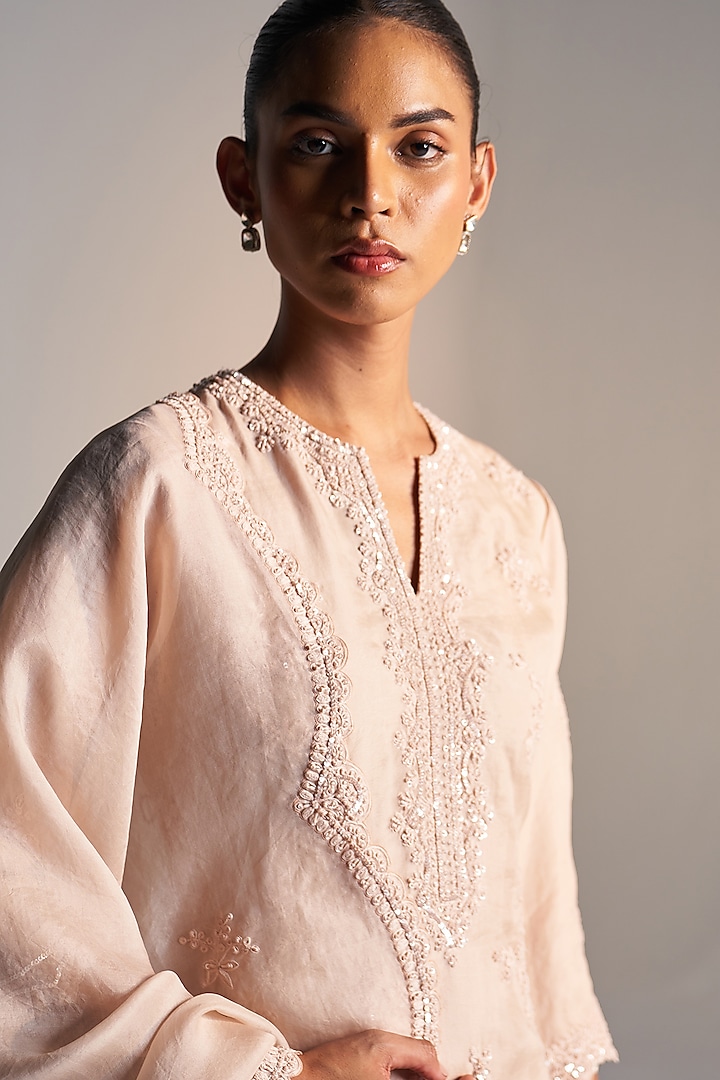 Peach Organza Zardosi Work Handcrafted Kurta Set by OSAA By Adarsh at Pernia's Pop Up Shop