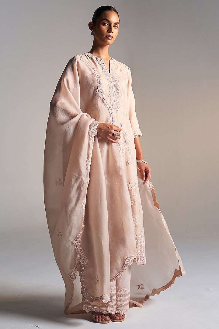 Peach Organza Zardosi Work Handcrafted Kurta Set by OSAA By Adarsh at Pernia's Pop Up Shop