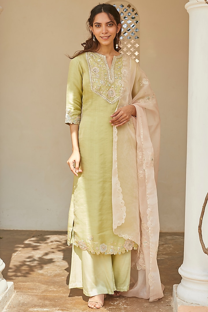 Mist Green Embroidered Kurta Set by OSAA By Adarsh
