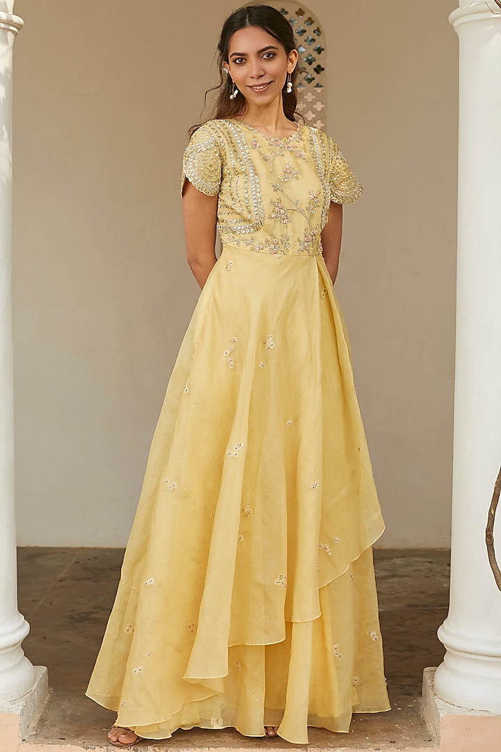 Taupe Lemon Embroidered Dress by OSAA By Adarsh