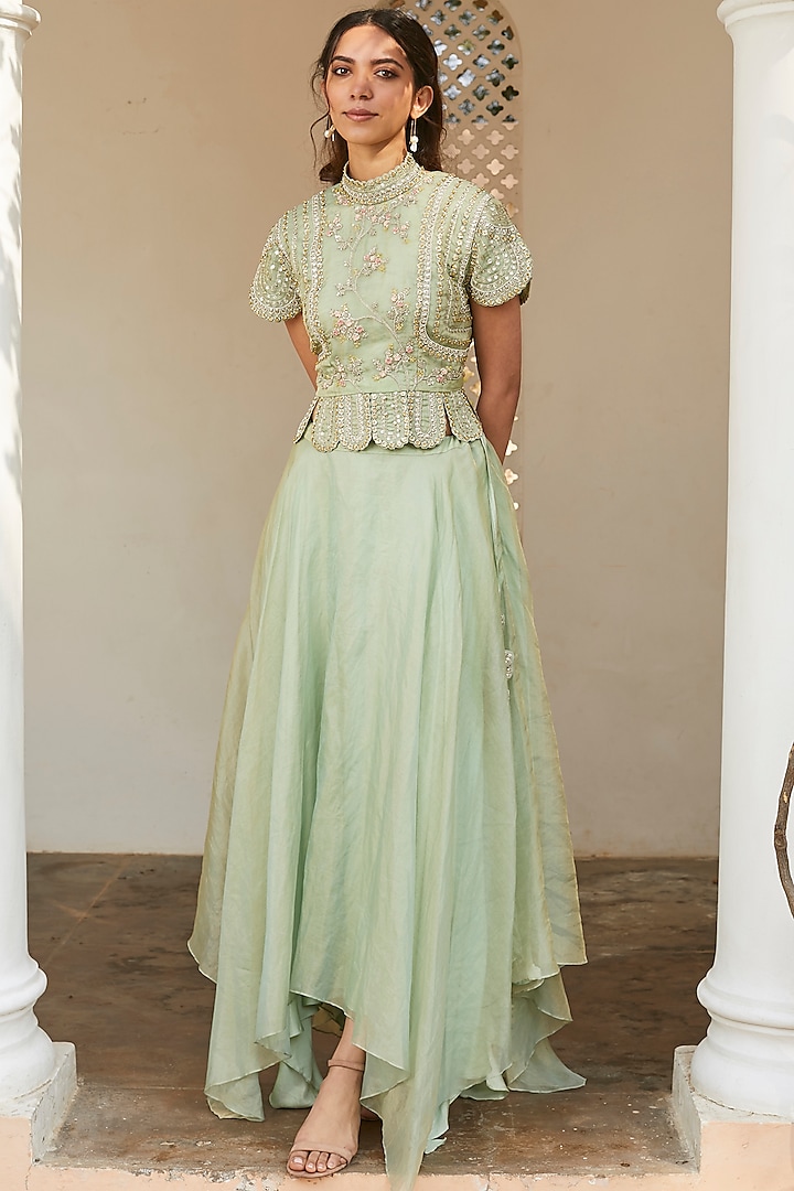 Frost Blue Embroidered Skirt Set by OSAA By Adarsh