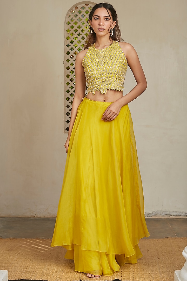 Amber Yellow Organza Skirt Set by OSAA By Adarsh