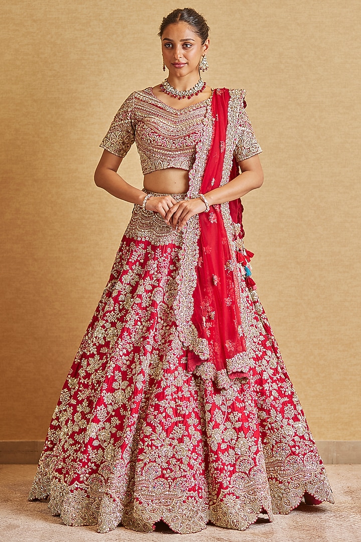 Cherry Red Raw Silk Zardosi Embroidered Bridal Lehenga Set by OSAA By Adarsh at Pernia's Pop Up Shop