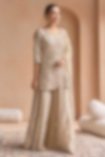 Beige Champagne Tissue Silk Bridal Sharara Set by OSAA By Adarsh at Pernia's Pop Up Shop