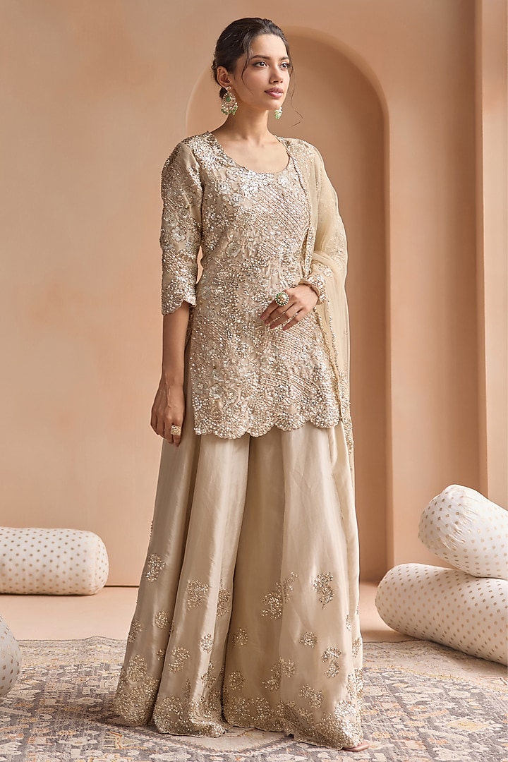Beige Champagne Tissue Silk Bridal Sharara Set by OSAA By Adarsh at Pernia's Pop Up Shop